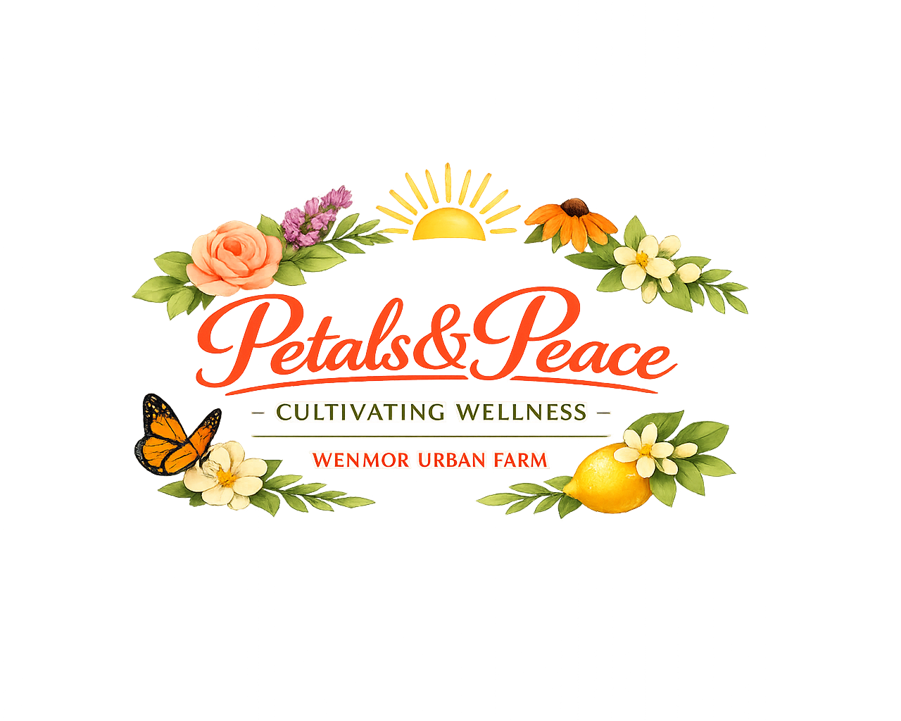 Colorful logo for Petals & Peace, featuring flowers, a butterfly, a lemon, and a sun, with text promoting cultivating wellness at Wenmore Urban Farm.