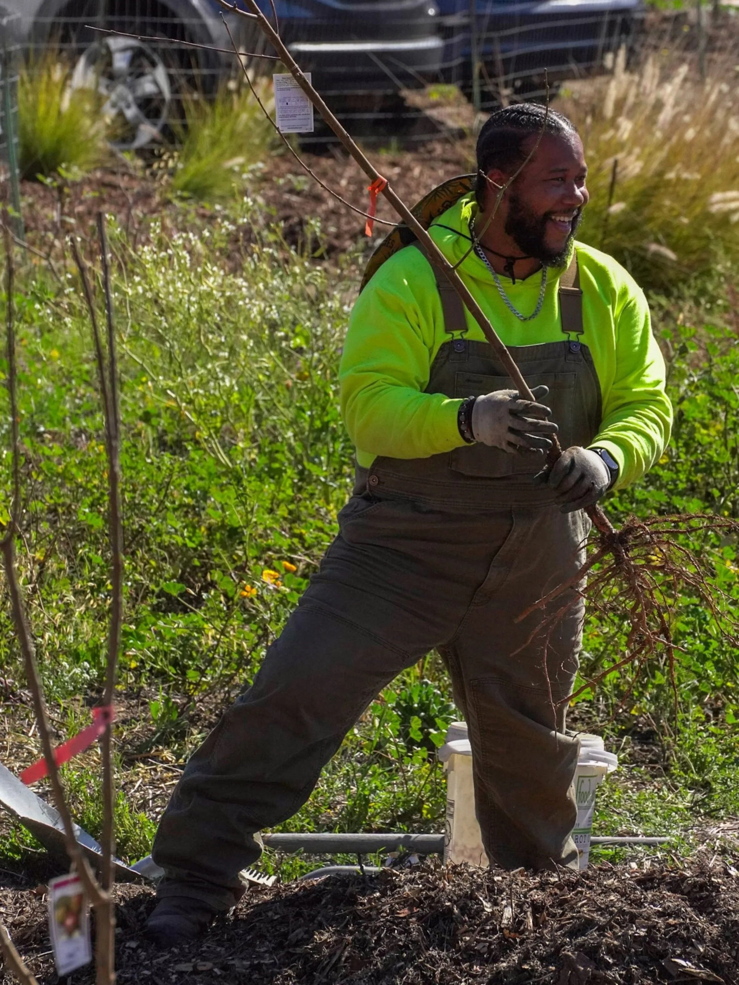 A smiling man in a bright yellow hoodie and work gloves is planting or working with a small tree or shrub in a garden or outdoor area. He is standing on soil with some buckets nearby and appears to be engaged in gardening or planting.