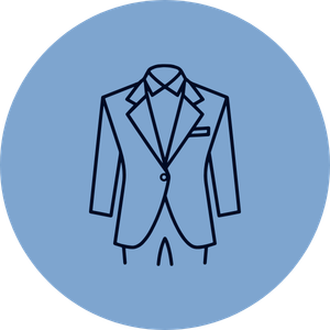 Line drawing of a suit jacket and pants on a blue circular background.