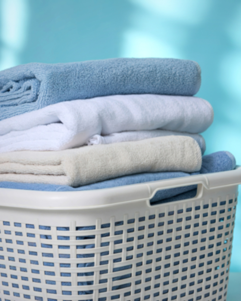Stack of folded towels in white, beige, light blue, and gray inside a laundry basket.