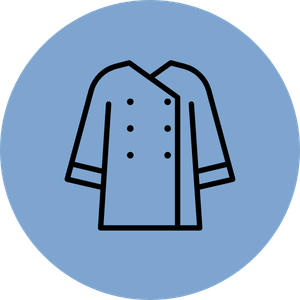 Outline of a chef's coat or jacket on a blue circular background.
