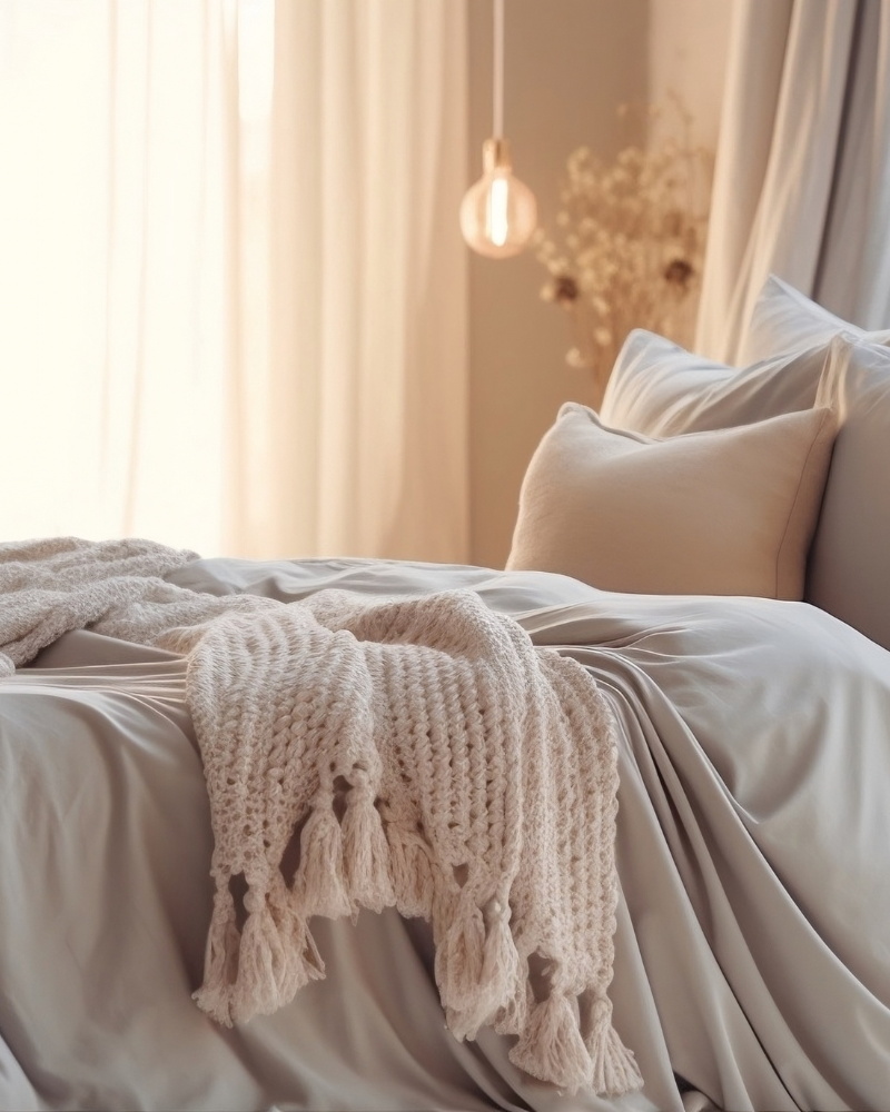 A cozy bed with cream-colored sheets and pillows, a knitted blanket draped over the side, and soft natural light coming through curtains in a bedroom.
