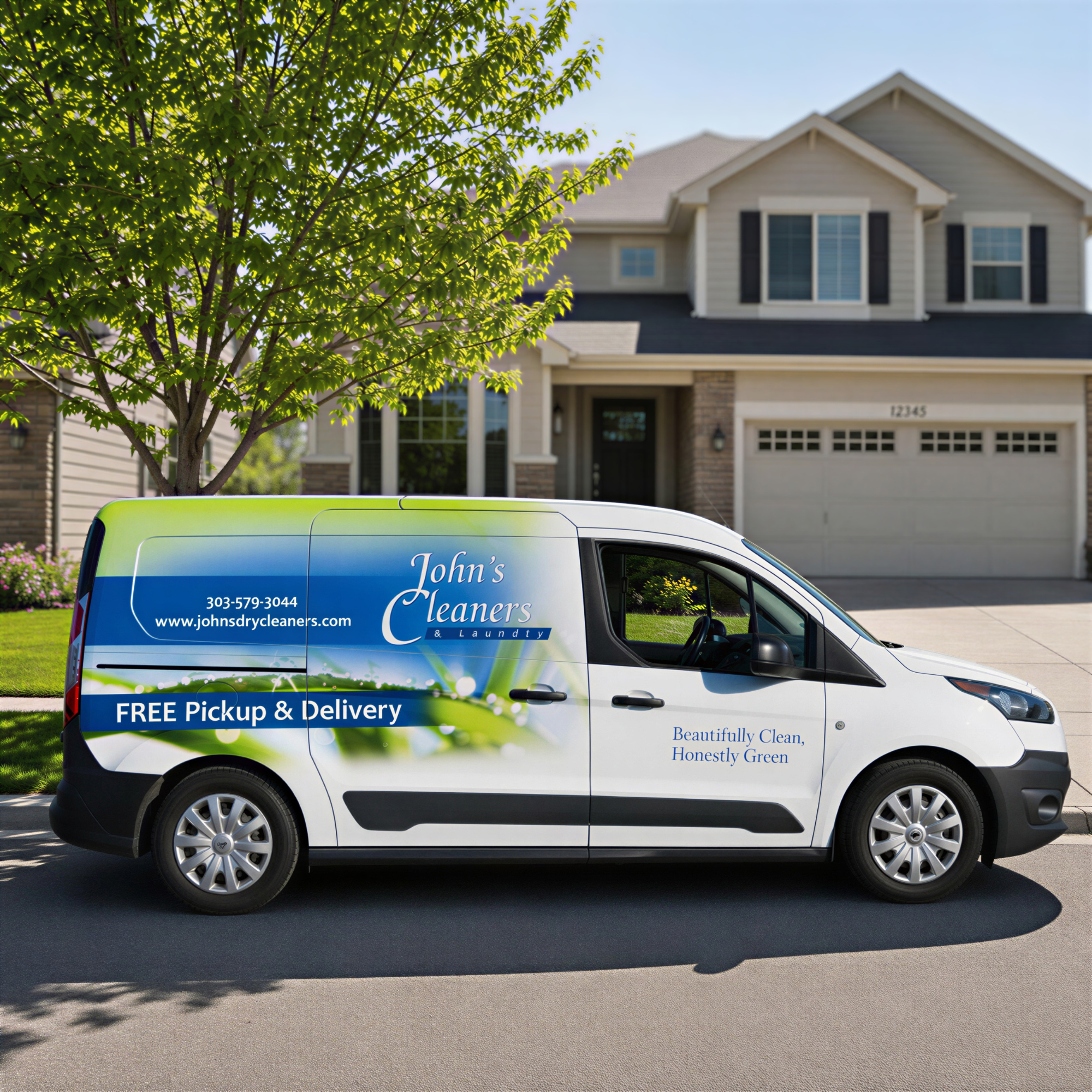 A white van with advertising for John's Dry Cleaners parked in front of a residential house. The van has text promoting free pickup and delivery services and displays the company's website and phone number.
