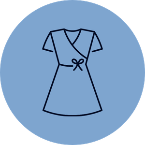 Line drawing of a wrap dress with a bow at the waist on a blue circular background.