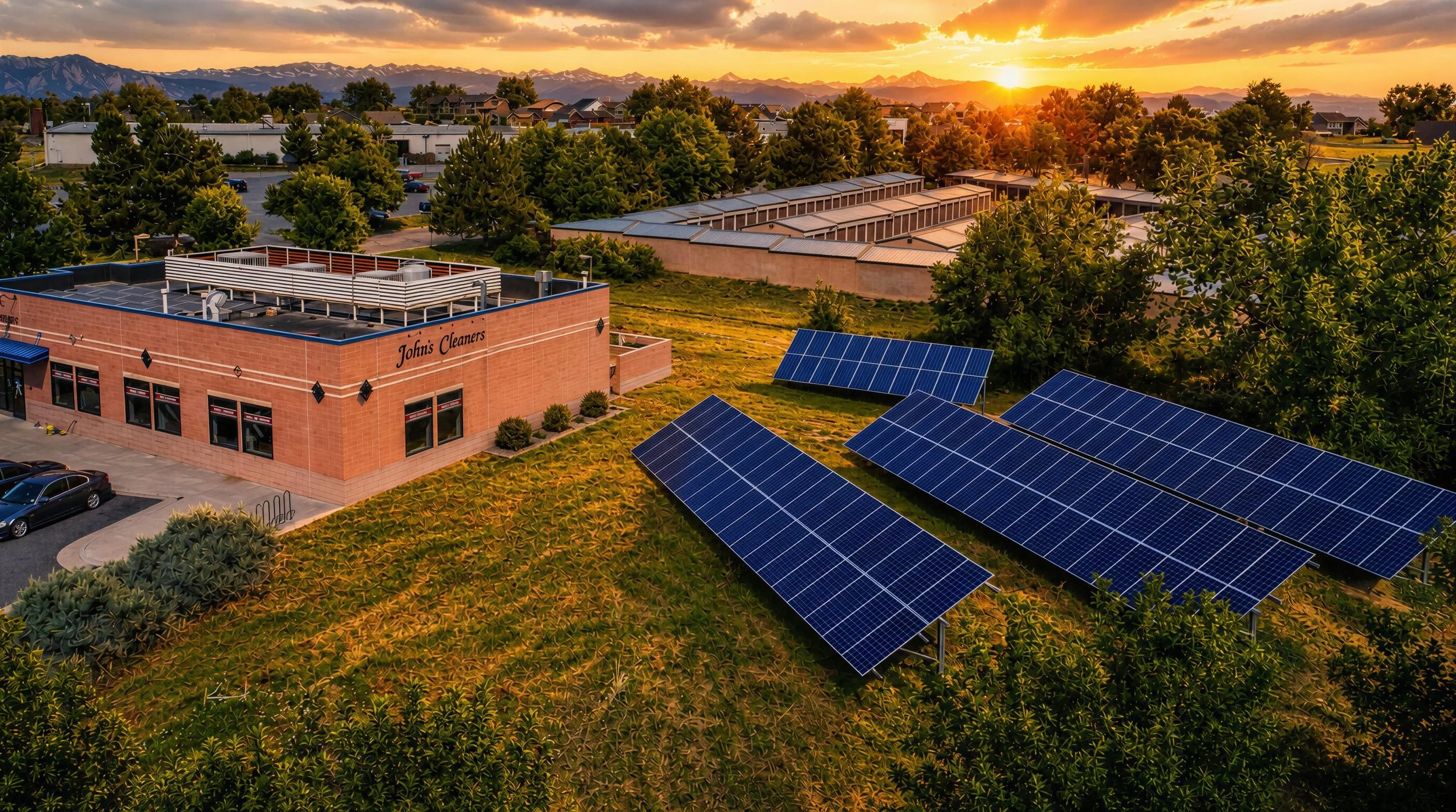 Sunset over a suburban area with solar panels on the roof and green trees in the foreground.