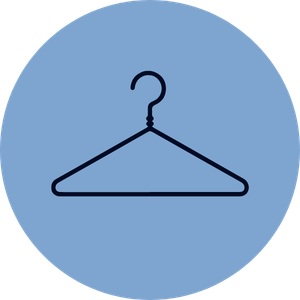 A simple icon of a clothes hanger on a blue circular background.