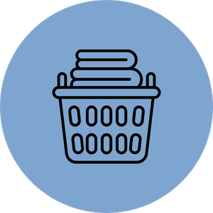 Illustration of a laundry basket filled with clothes on a blue circular background.