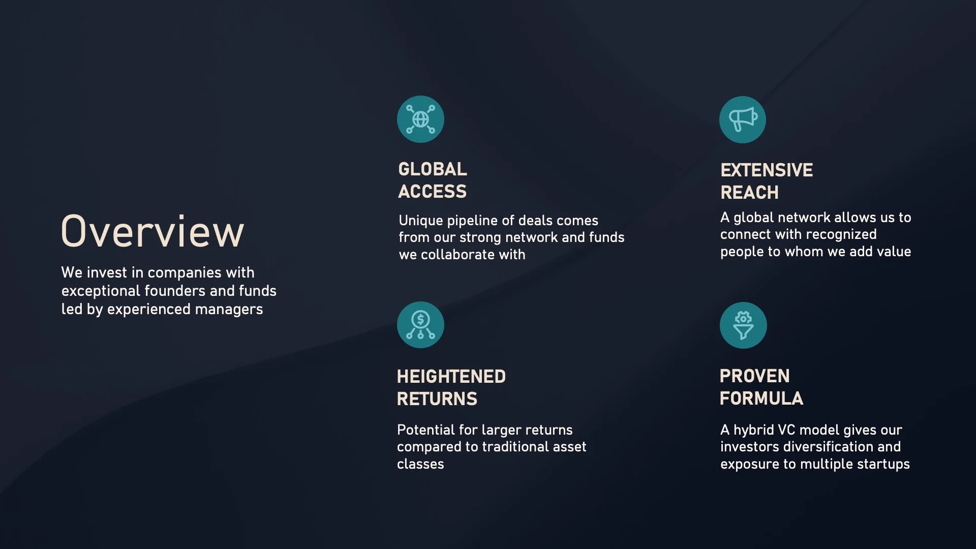 An overview slide incorporates light iconography and introduces the content for the rest of the deck.
