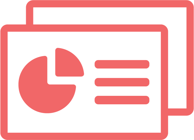 Icon of two presentation slides, one showing a pie chart and the other showing horizontal bar graphs.