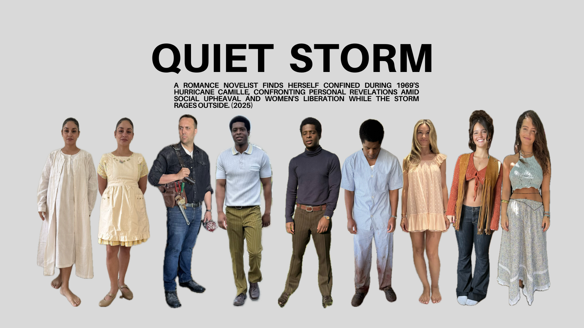 A group of nine diverse people standing in a line against a gray background, with black text above them that reads 'QUIET STORM' and a paragraph below describing a story about a romance novelist.