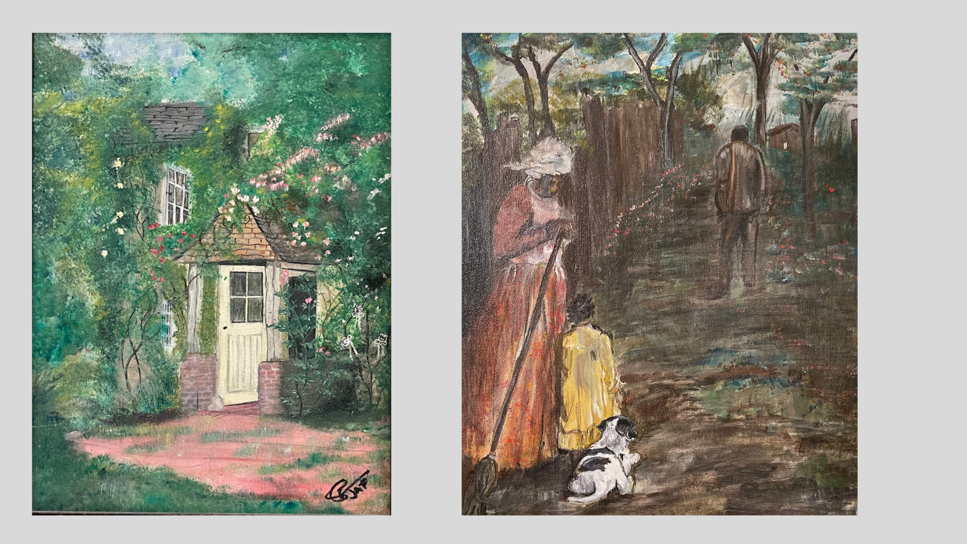 Two paintings, one depicting a lush green garden house with flowering bushes, the other showing an elderly woman and a child with a dog walking through a wooded area.