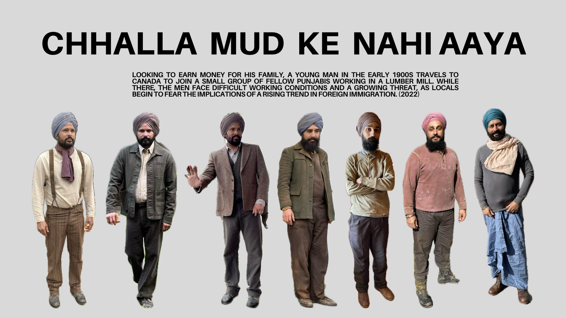 Title: Chhalla Mud Ke Nahi Aaya. Image shows eight men standing in a line, dressed in vintage clothing from the early 1900s, wearing turbans and sporting beards.