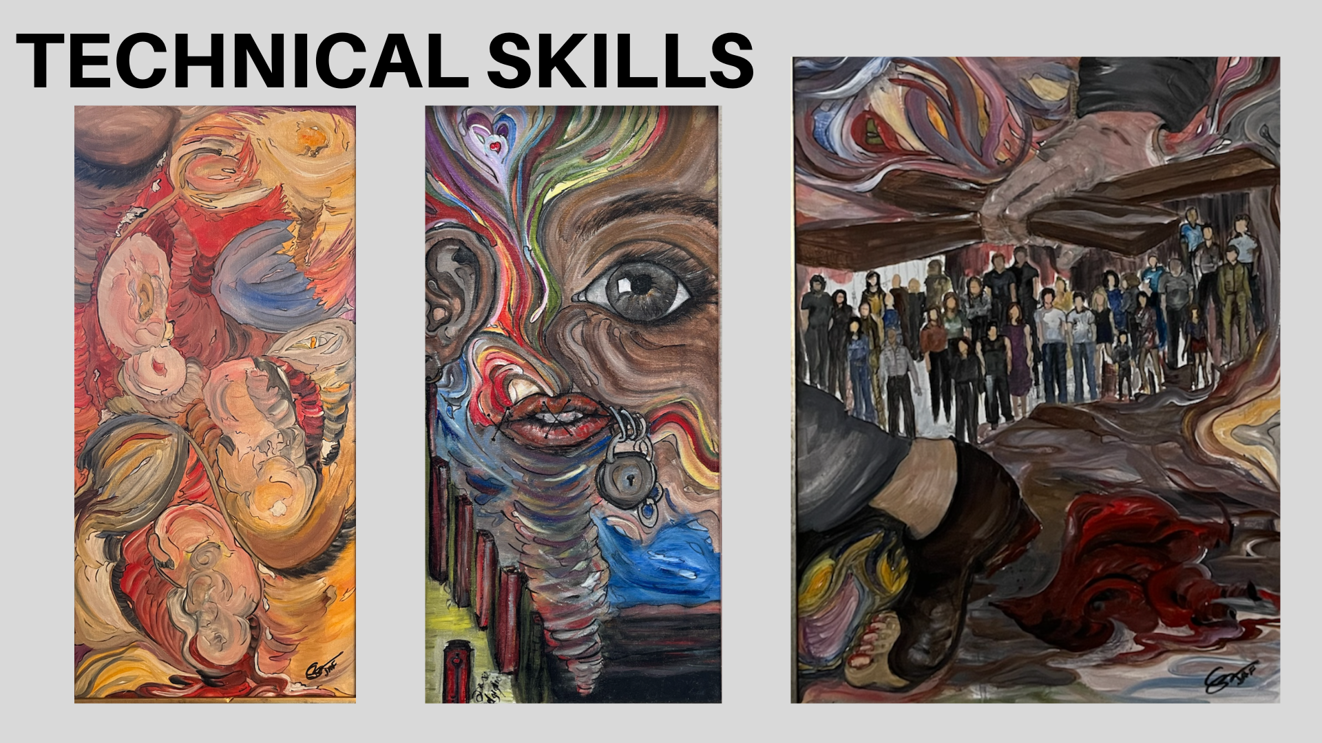 Three abstract paintings with colorful swirling patterns; the middle painting features a human face with an eye, lips, and a padlock in the mouth; the right painting shows a crowd of people in an indoor setting.