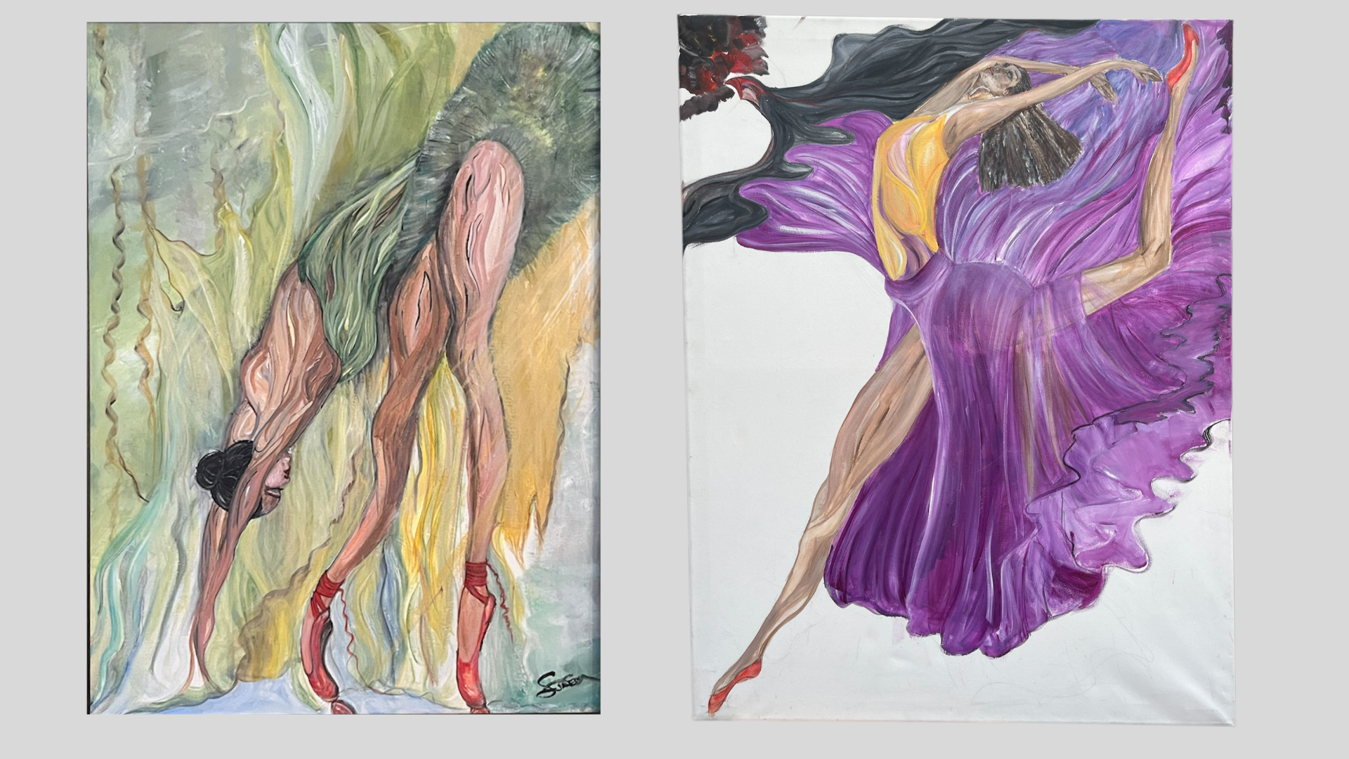 Two paintings of ballet dancers, one with a green background and the other with a purple background, both showing dancers in mid-movement with flowing dresses.
