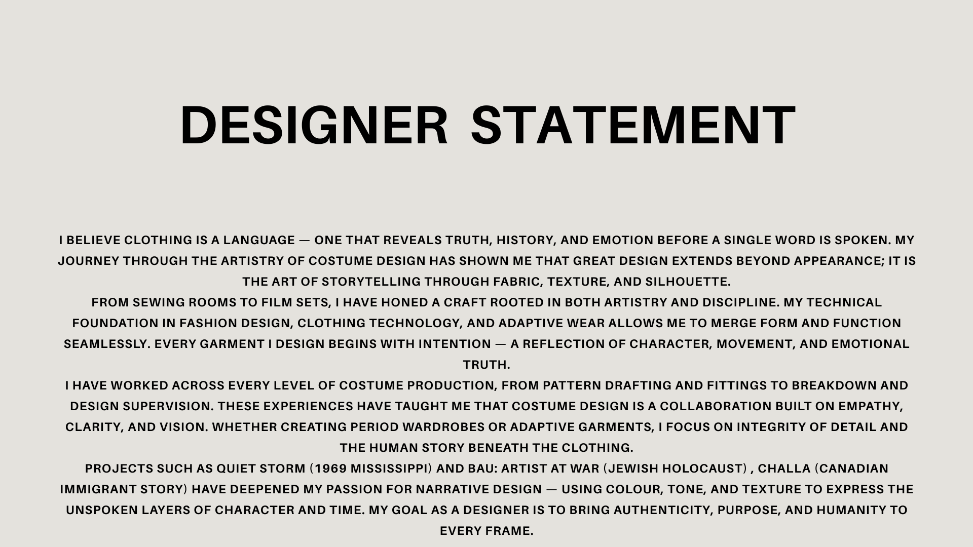 A webpage titled 'Designer Statement' with a block of text about clothing design philosophy and artistic influences.