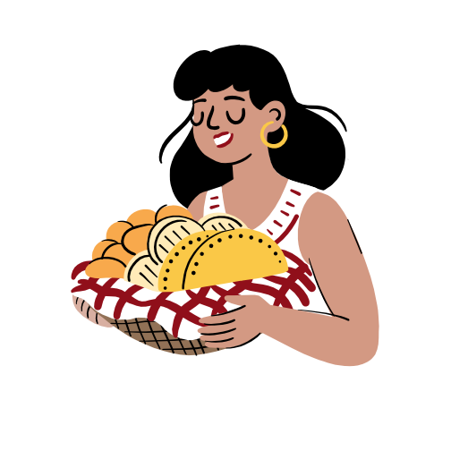 A woman smiling while holding a basket of empanadas and arepas.