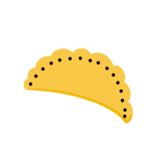 A yellow empanada shell with small black dots along the edges.