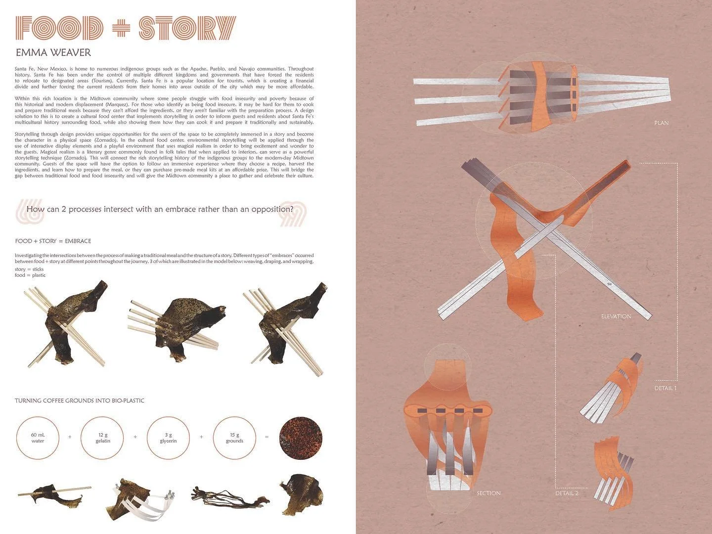 Concept modeling investigating the intersection between Food + Story. Using a personal food waste of mine, coffee grounds, I developed a compostable bio plastic that I used as a model material. 

PROJECT: Feeding Folklore
CLASS: ID Studio 7; Spring 2