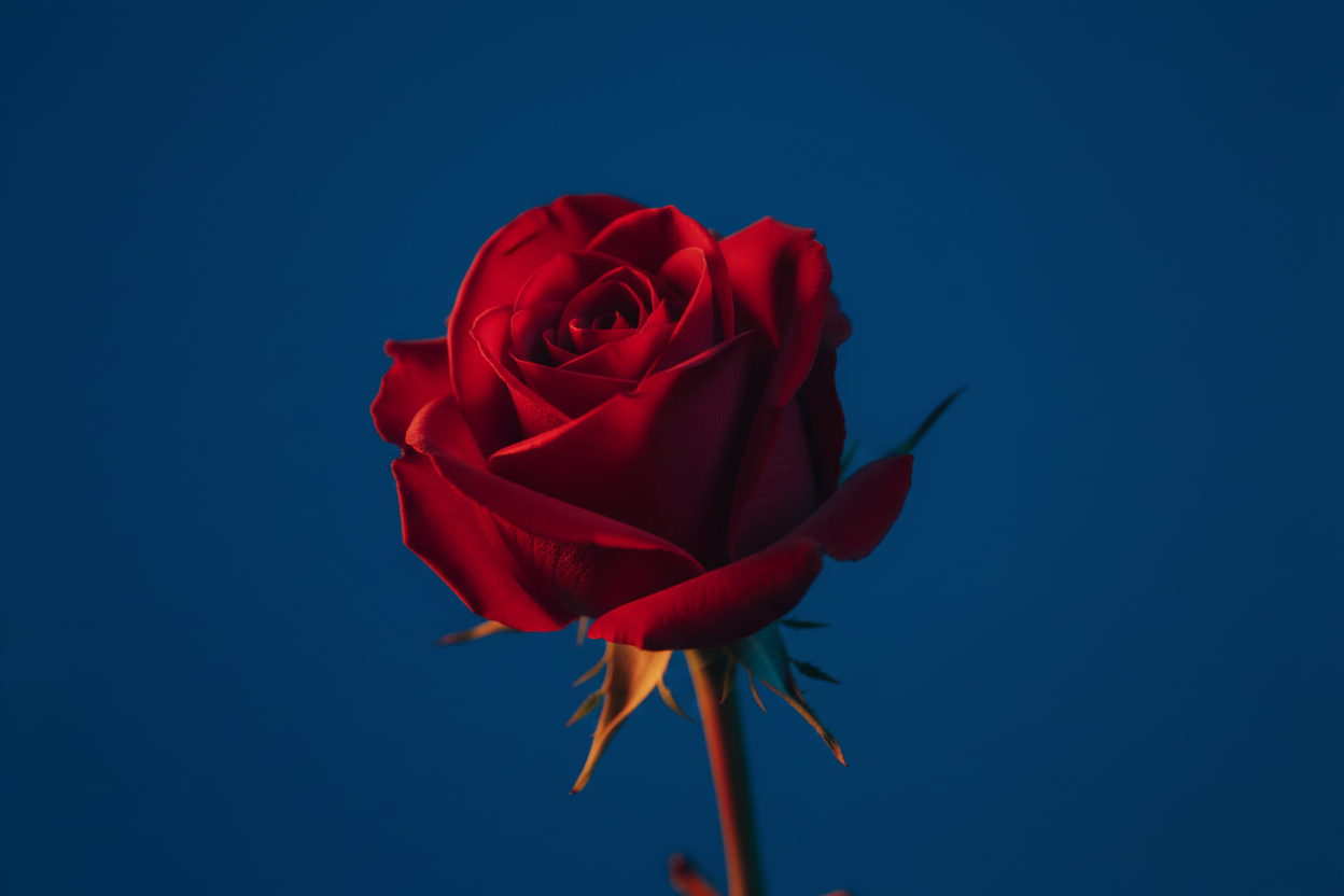 Close-up of a red rose with a dark blue background.