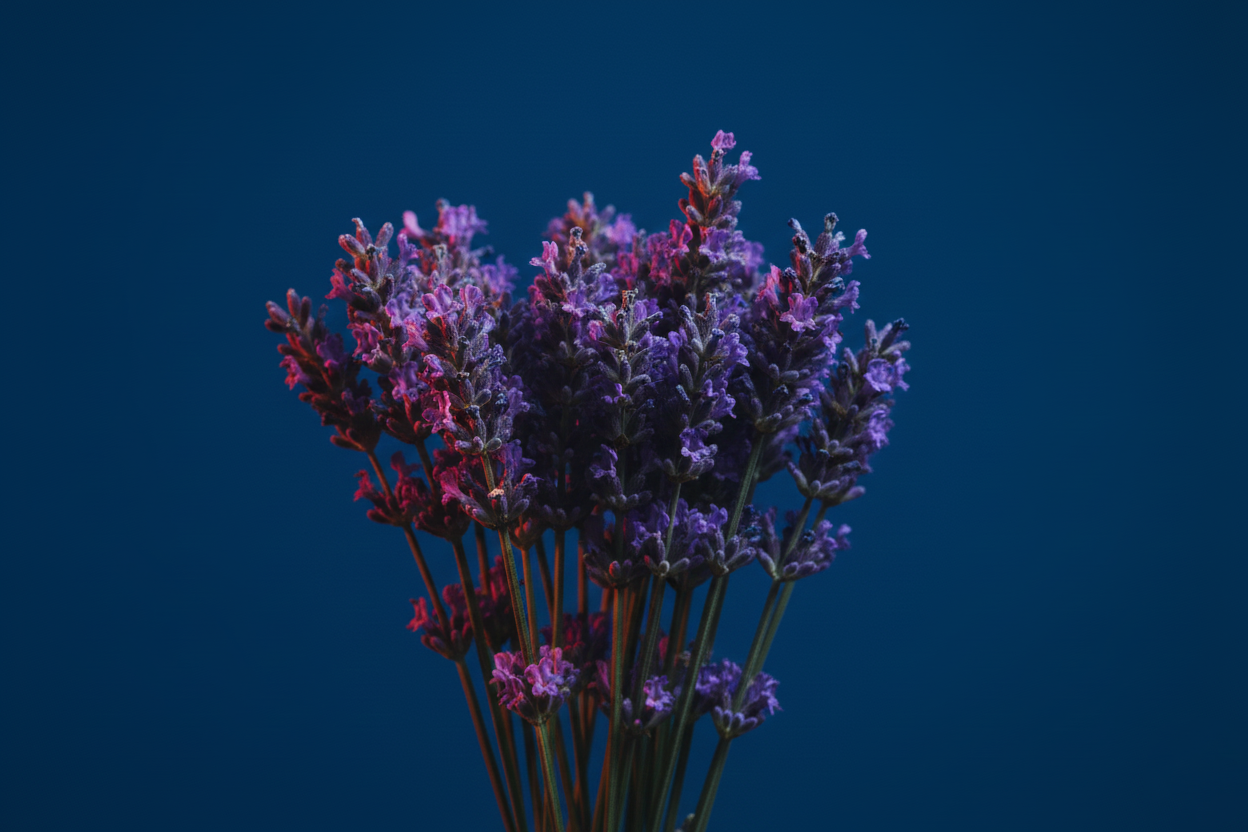 A bunch of purple lavender flowers against a solid dark blue background.