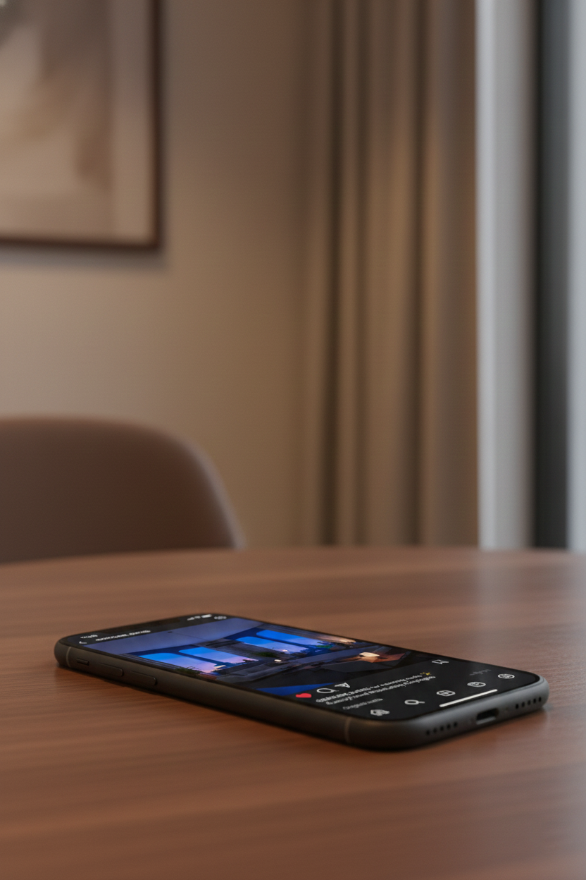 Smartphone lying on a wooden table displaying a social media post.