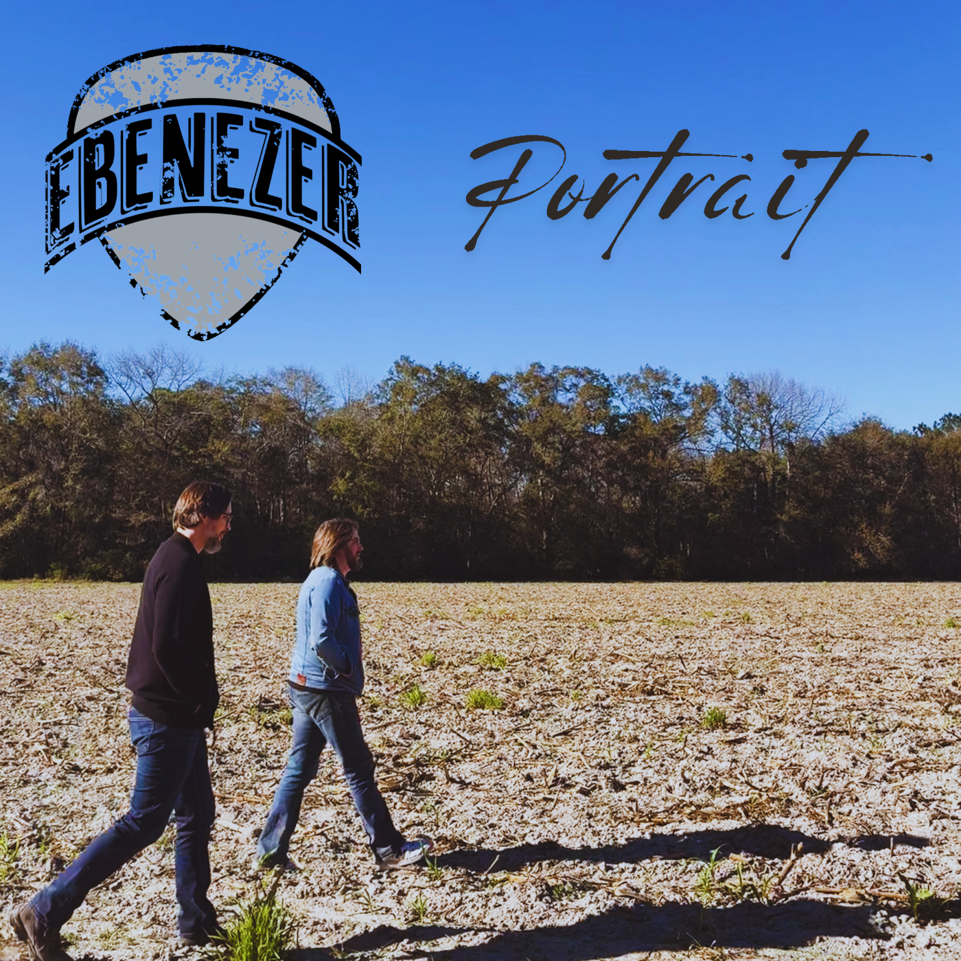 Two men walking across a dry, cracked field with trees in the background under a clear blue sky, with the words 'Benzler Portrait' overlayed.