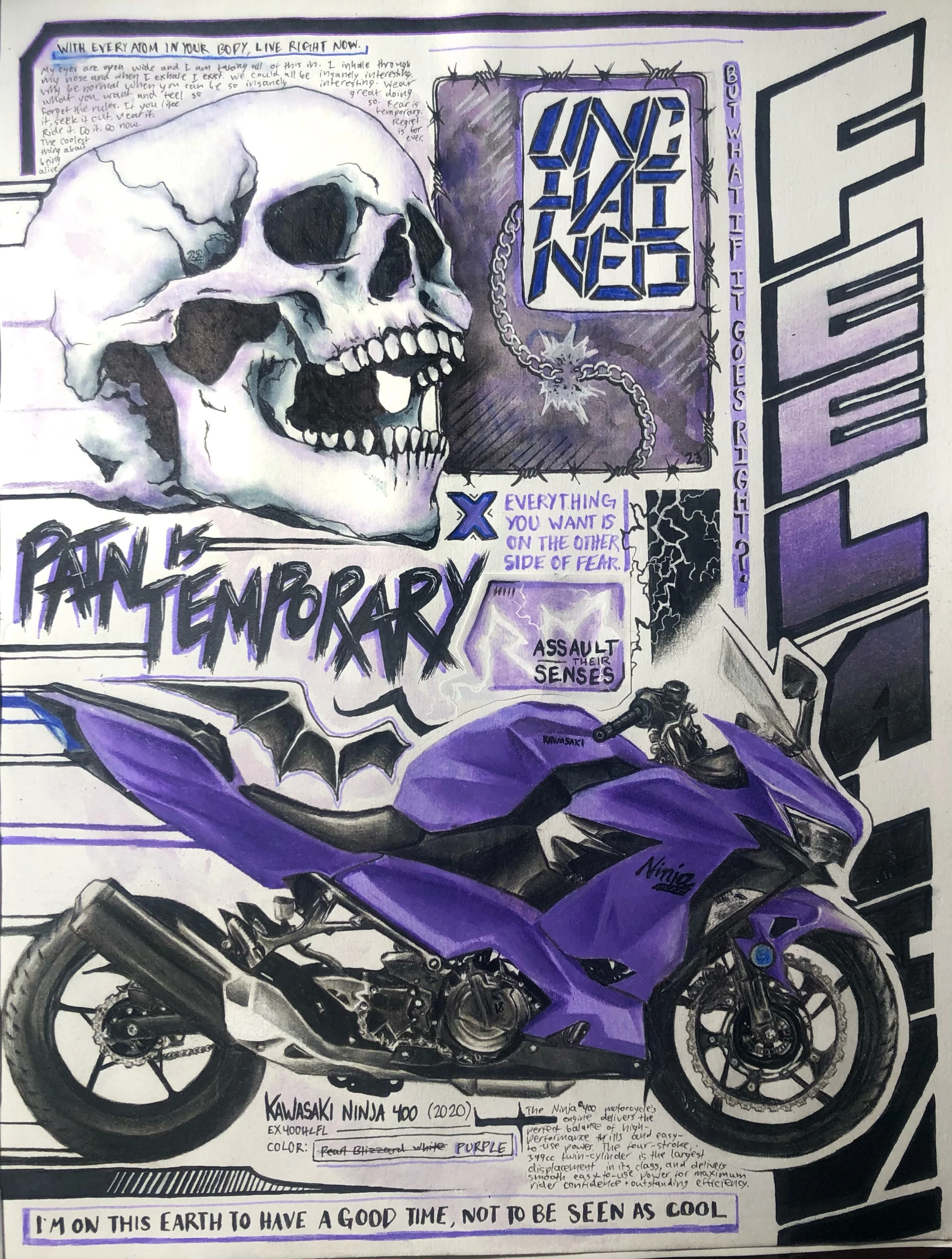 A detailed hand-drawn illustration of a purple Kawasaki Ninja 400 motorcycle with a skull and various text and symbols surrounding it. The artwork includes phrases such as 'Love What You Do' and 'I'm on this earth to have a good time, not to be seen as cool.' It also features notes about the motorcycle's specifications, colors, and a quote about living in the moment.