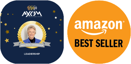 Icon representing AX1OM Practical Leadership with a smiling woman, and an orange circle with the Amazon logo and the words 'Best Seller' indicating a top-selling product.