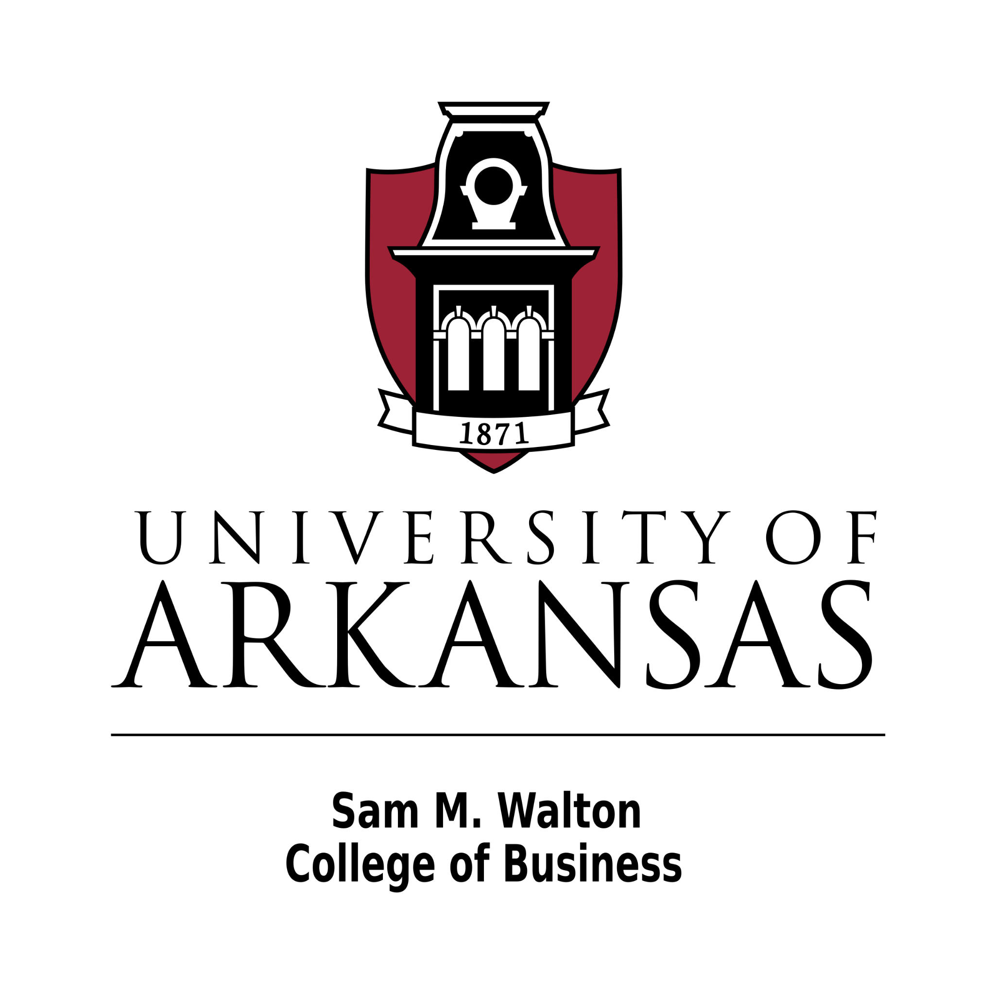 A clock tower with a black structure and a white clock face, surrounded by a red shield-shaped background, with the year 1871 written below.