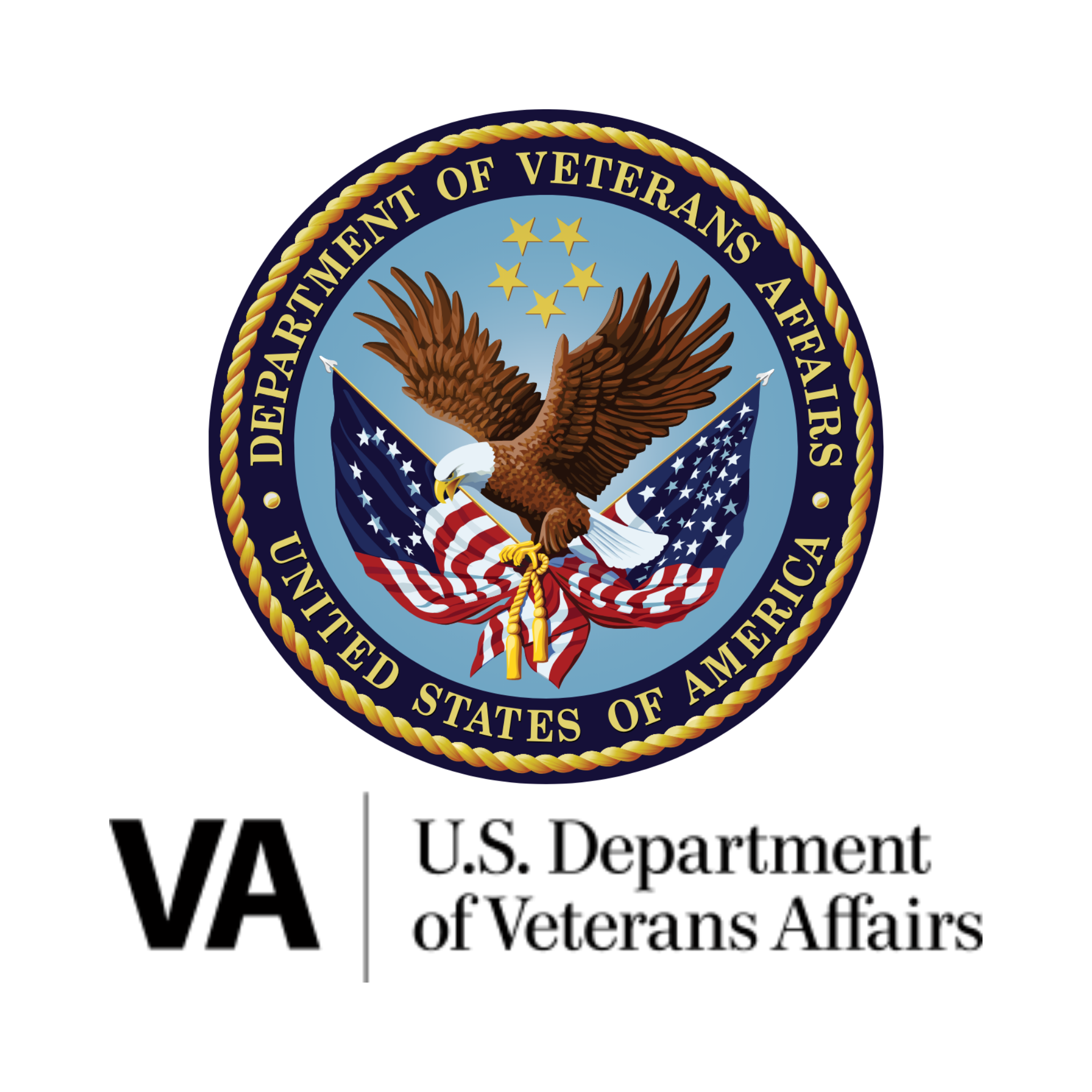 U.S. Department of Veterans Affairs emblem featuring an eagle with spread wings holding a flag and arrows, surrounded by a rope braid and the words "Department of Veterans Affairs" and "United States of America".