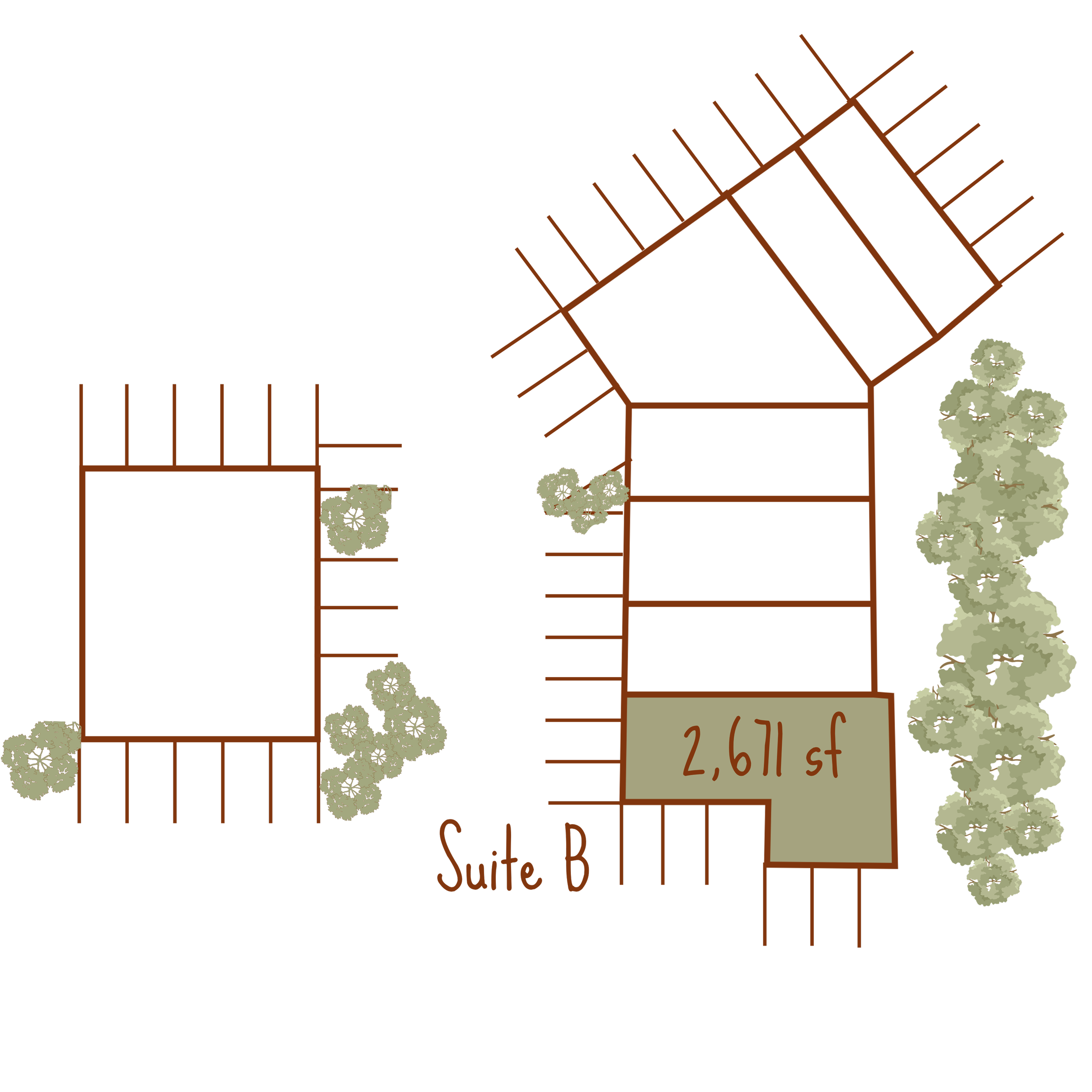 An architectural plan or blueprint of a building with "Suite B" at 2,671 sf
