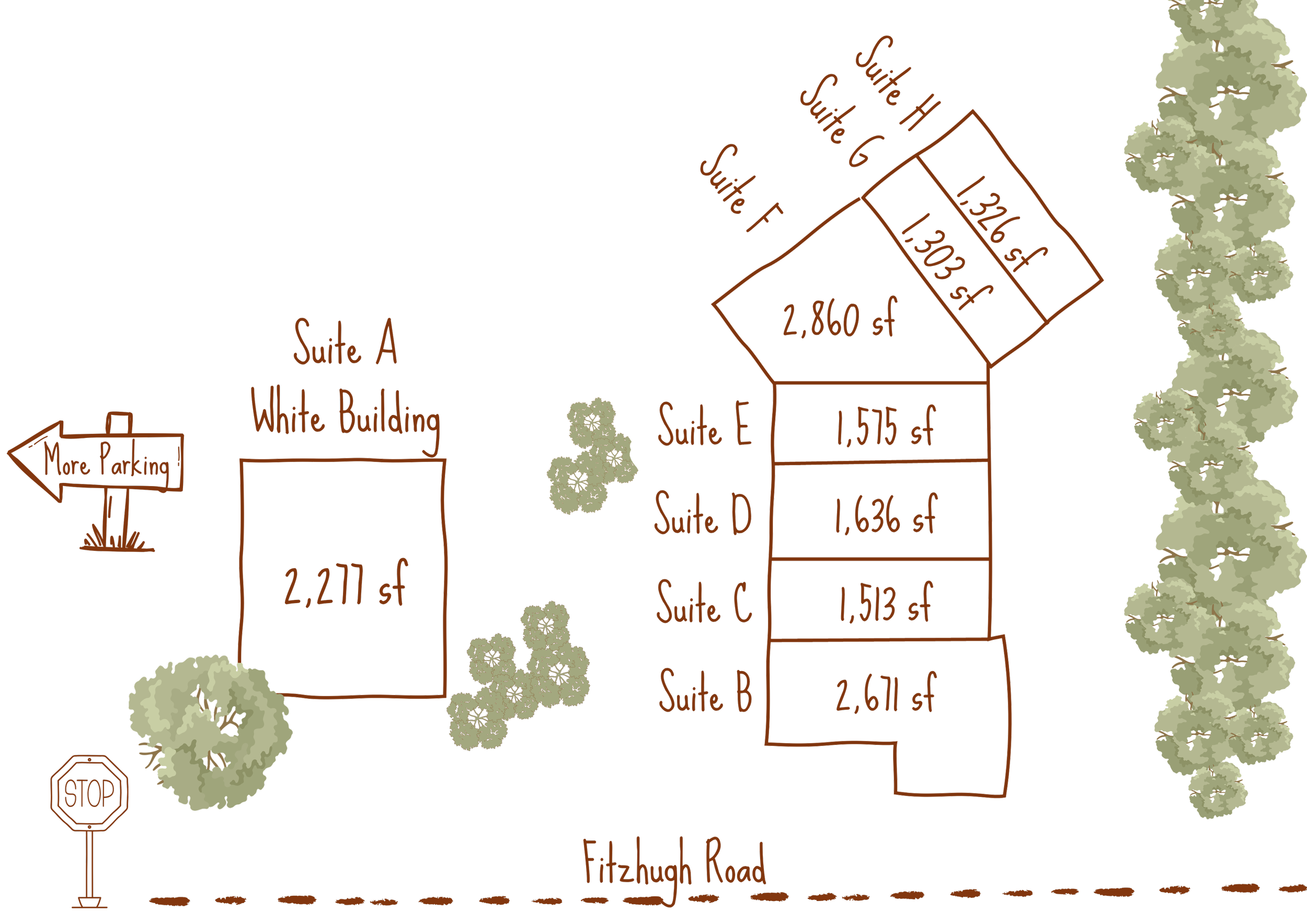 A detailed blueprint of a property layout with labeled suites, parking areas, and surrounding trees on Fitzhugh Road.