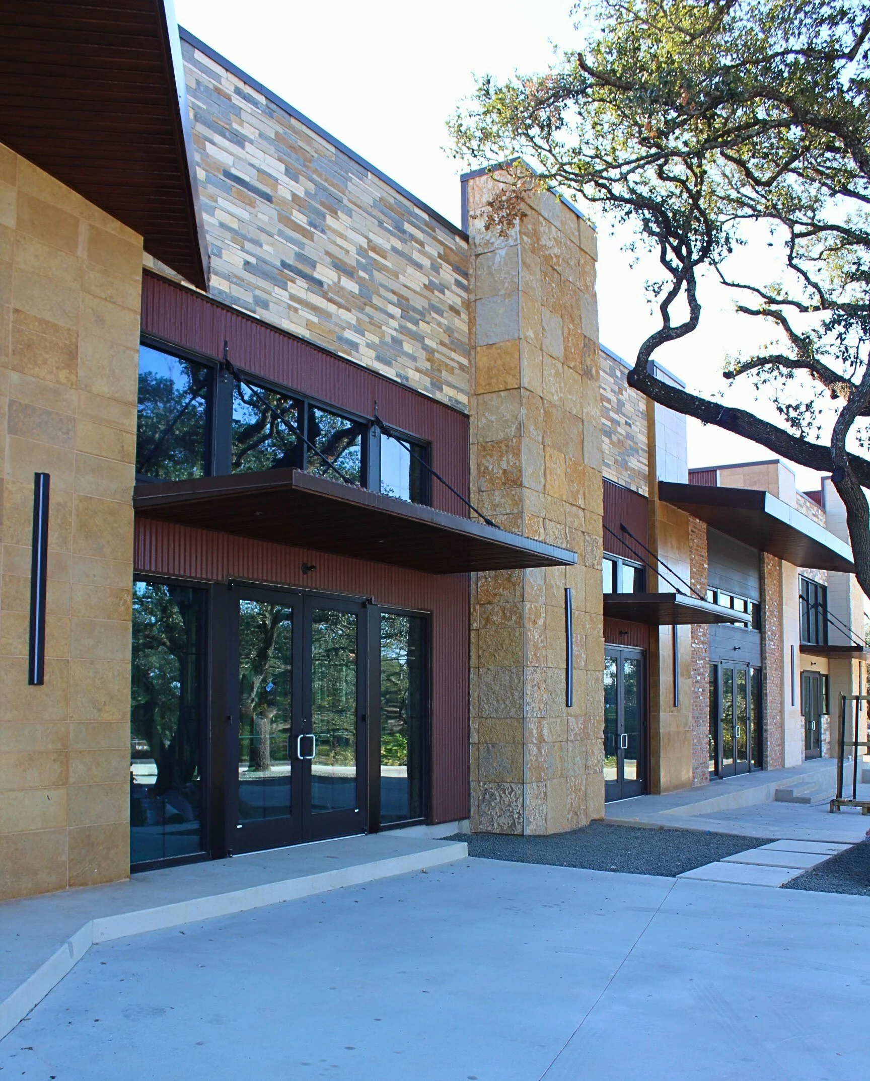 Modern building with glass doors, stone and brick exterior, and a large tree with twisted branches in front.