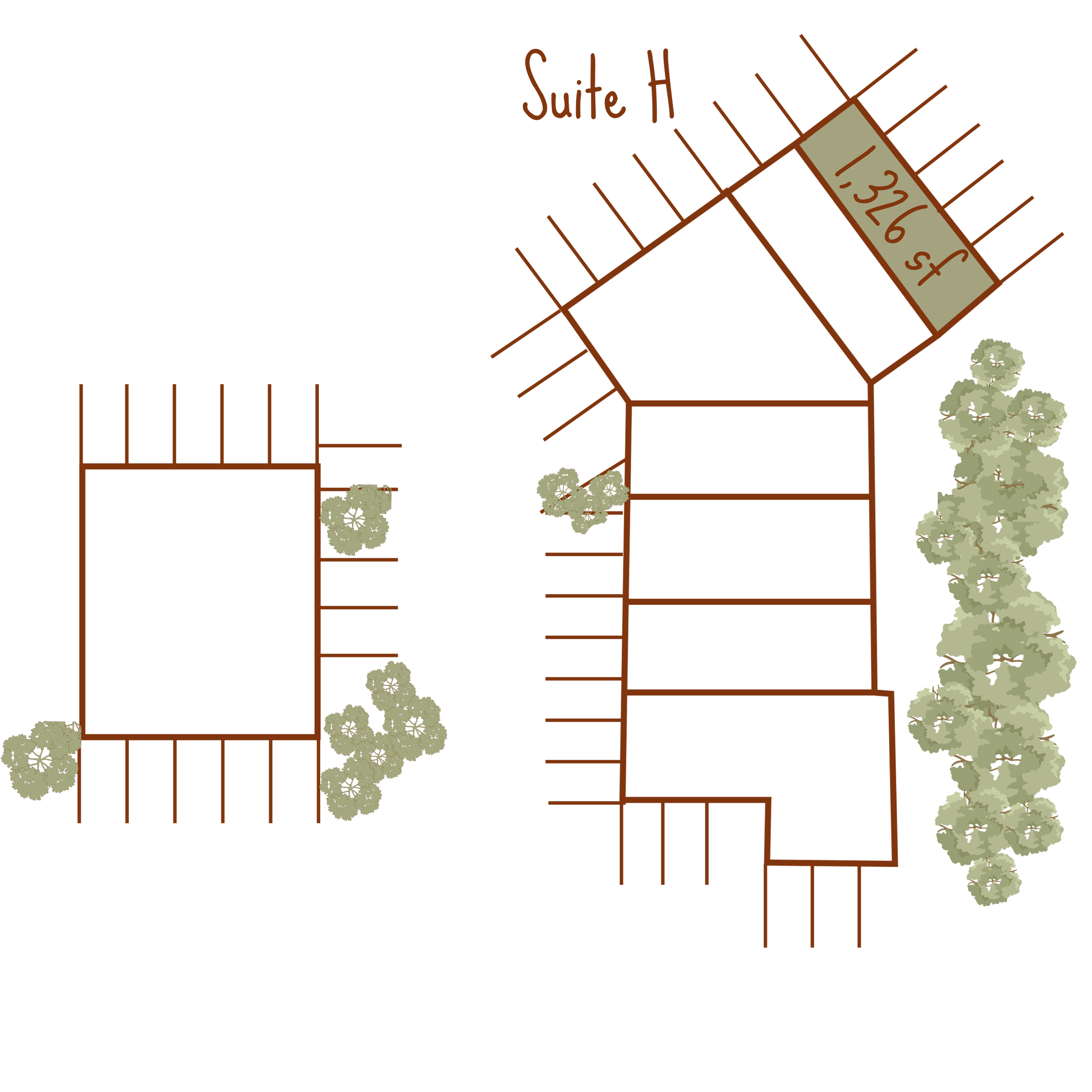 An architectural plan or blueprint of a building with "Suite H" at 1,326 sf
