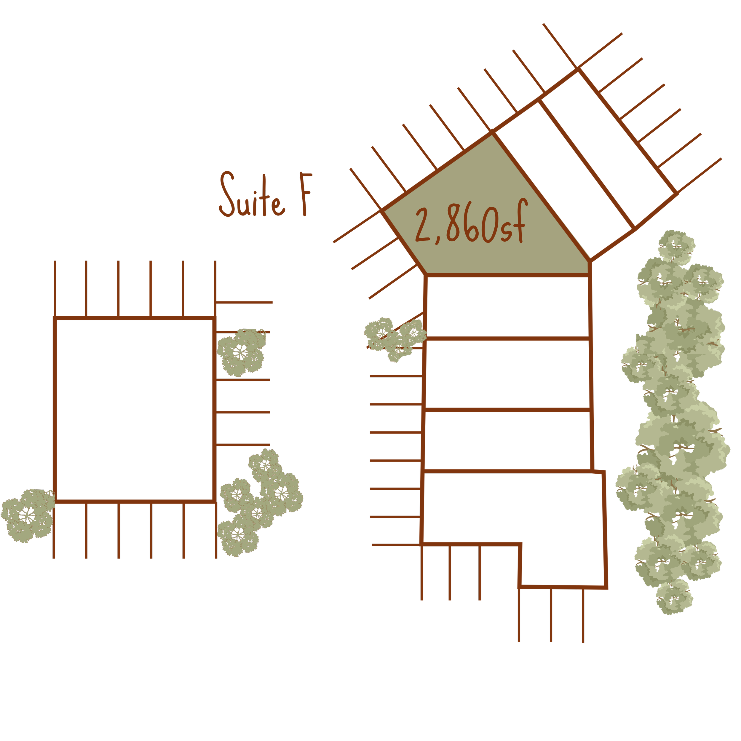 An architectural plan or blueprint of a building with "Suite F" at 2,860 sf