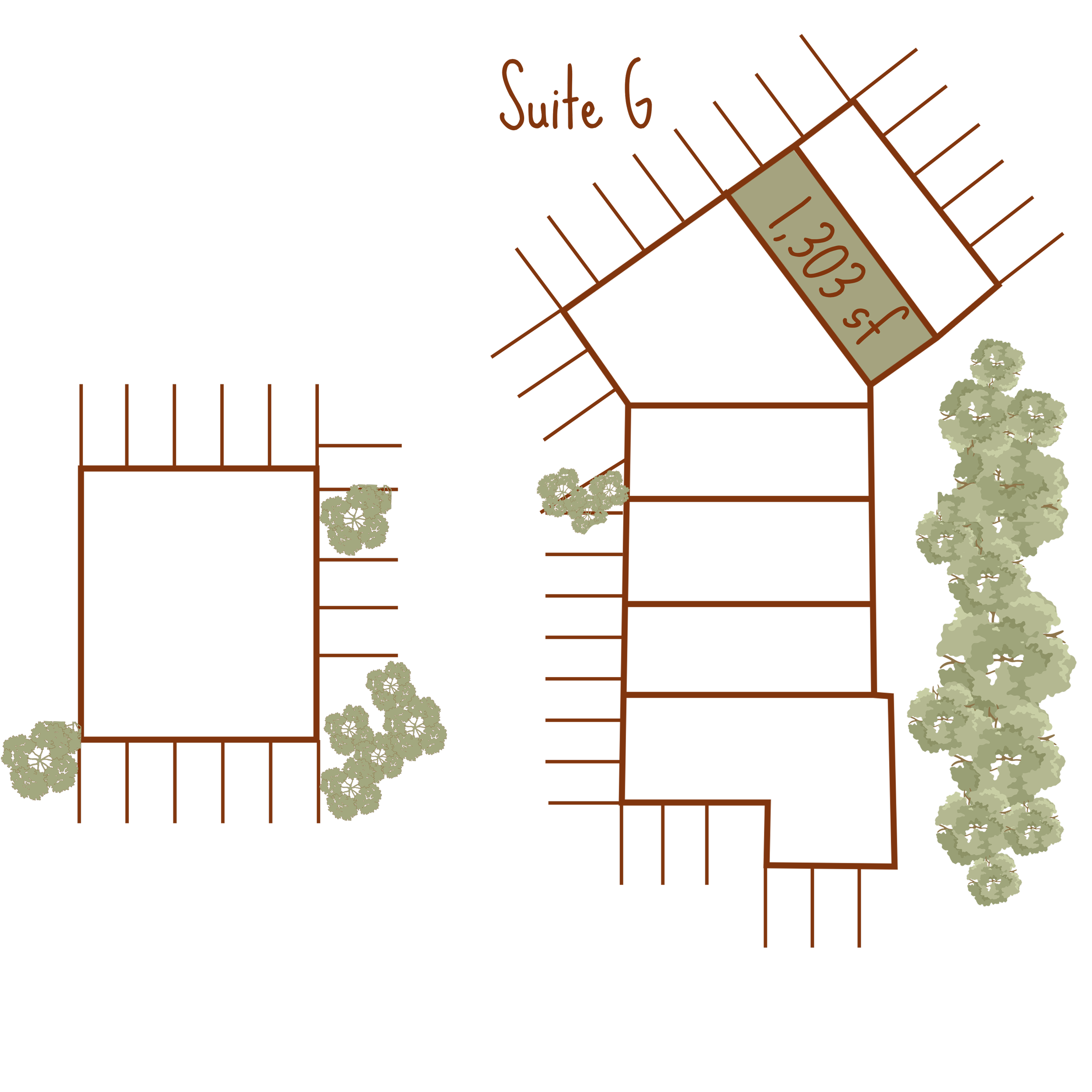 An architectural plan or blueprint of a building with "Suite G" at 1,303 sf