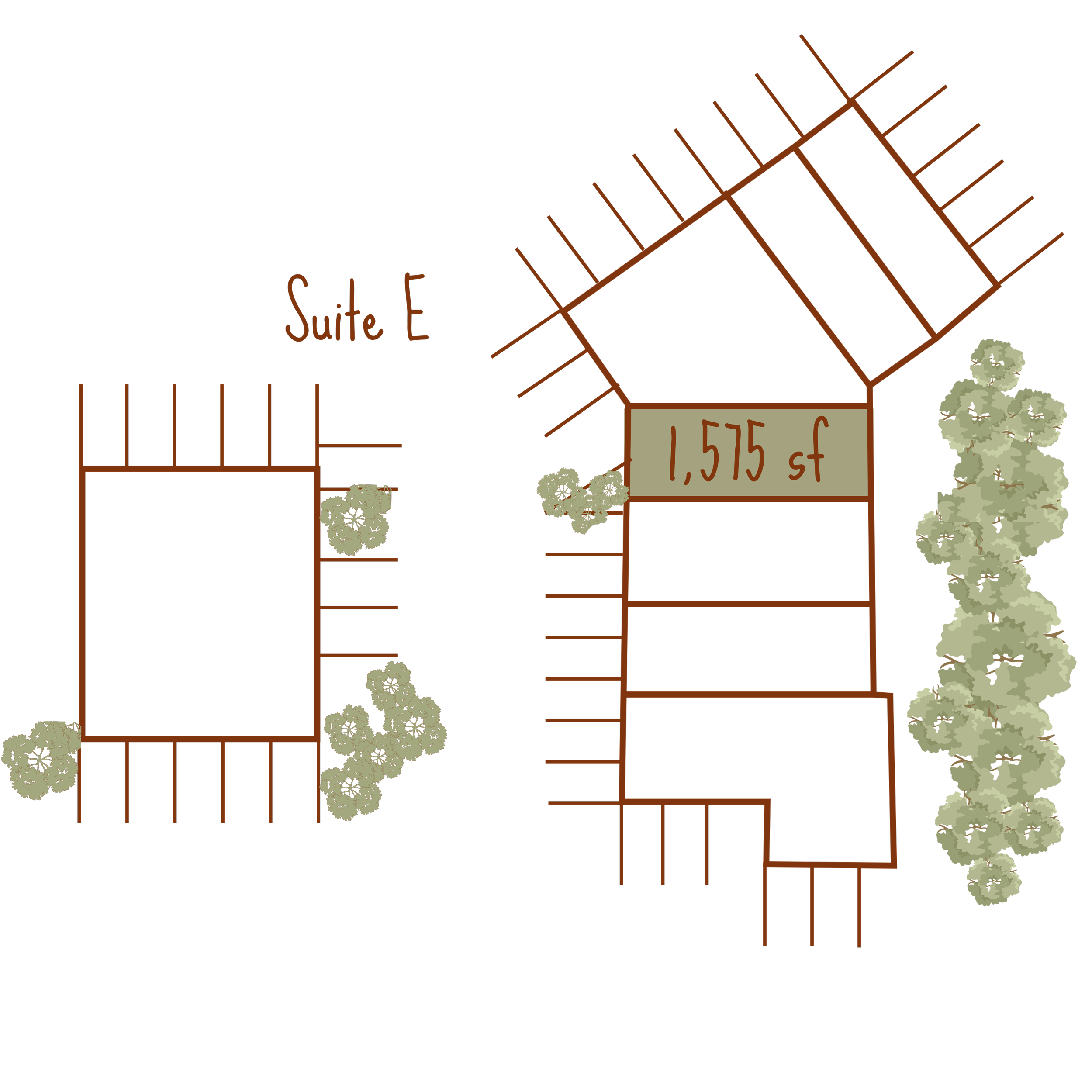 An architectural plan or blueprint of a building with "Suite E" at 1,575 sf