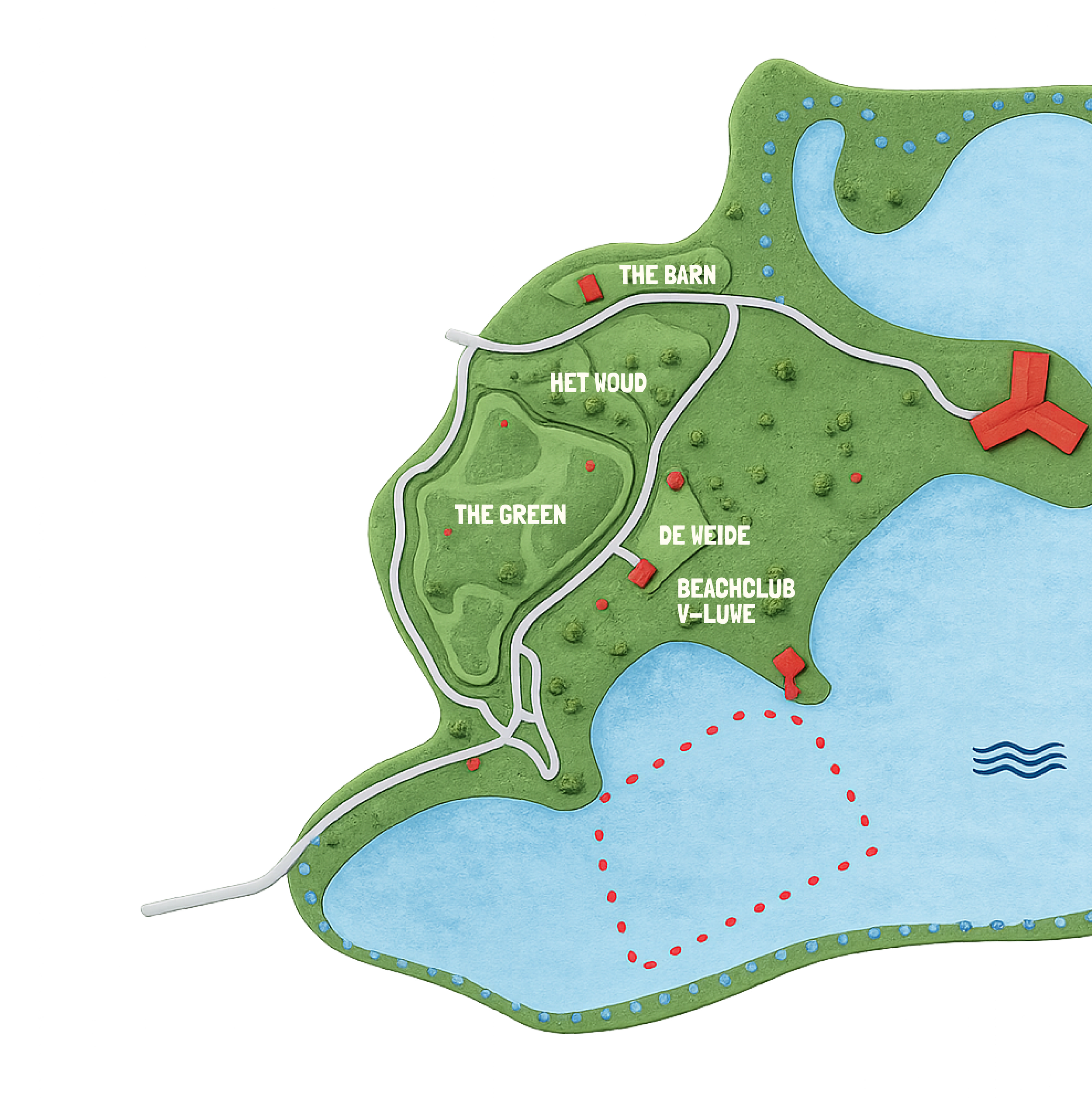 Een kaart van een natuurgebied met wandelpaden, watermassa's en locaties genaamd 'The Barn', 'Het Woud', 'The Green', 'De Weide' en 'Beachclub V-Luwe'.