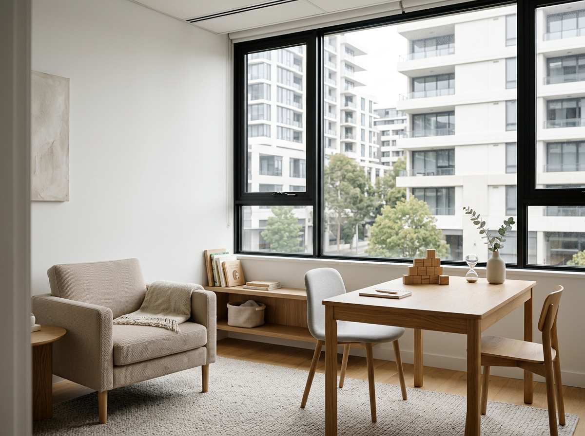 Bright living room with a beige armchair, a light wood dining table with two chairs, large windows showing modern apartment buildings and trees outside, and minimal decor including a vase with greenery and an hourglass.
