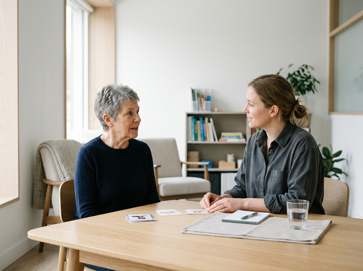 Two women sitting at a wooden table in a modern, bright room. One is elderly with short gray hair, wearing a black sweater, and the other is younger with brown hair tied back, wearing a dark shirt. They are smiling and engaged in conversation, with small photographs, a notepad, pen, and glass of water on the table.