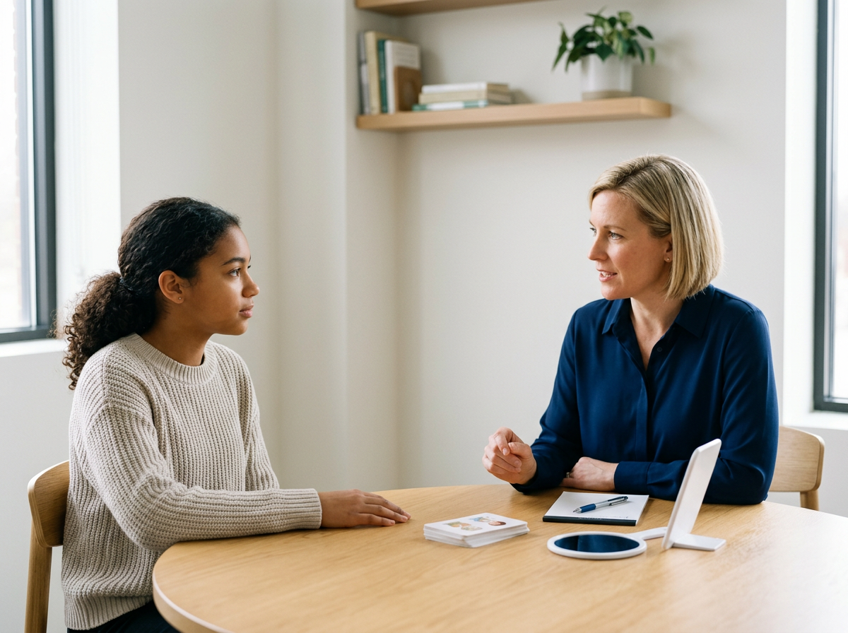A woman with blonde hair in a blue shirt is having a conversation with a girl with curly dark hair wearing a beige sweater in a bright office. They are sitting at a wooden table with some papers, a tablet, and a pen on it. The background includes a window and a shelf with books and a potted plant.