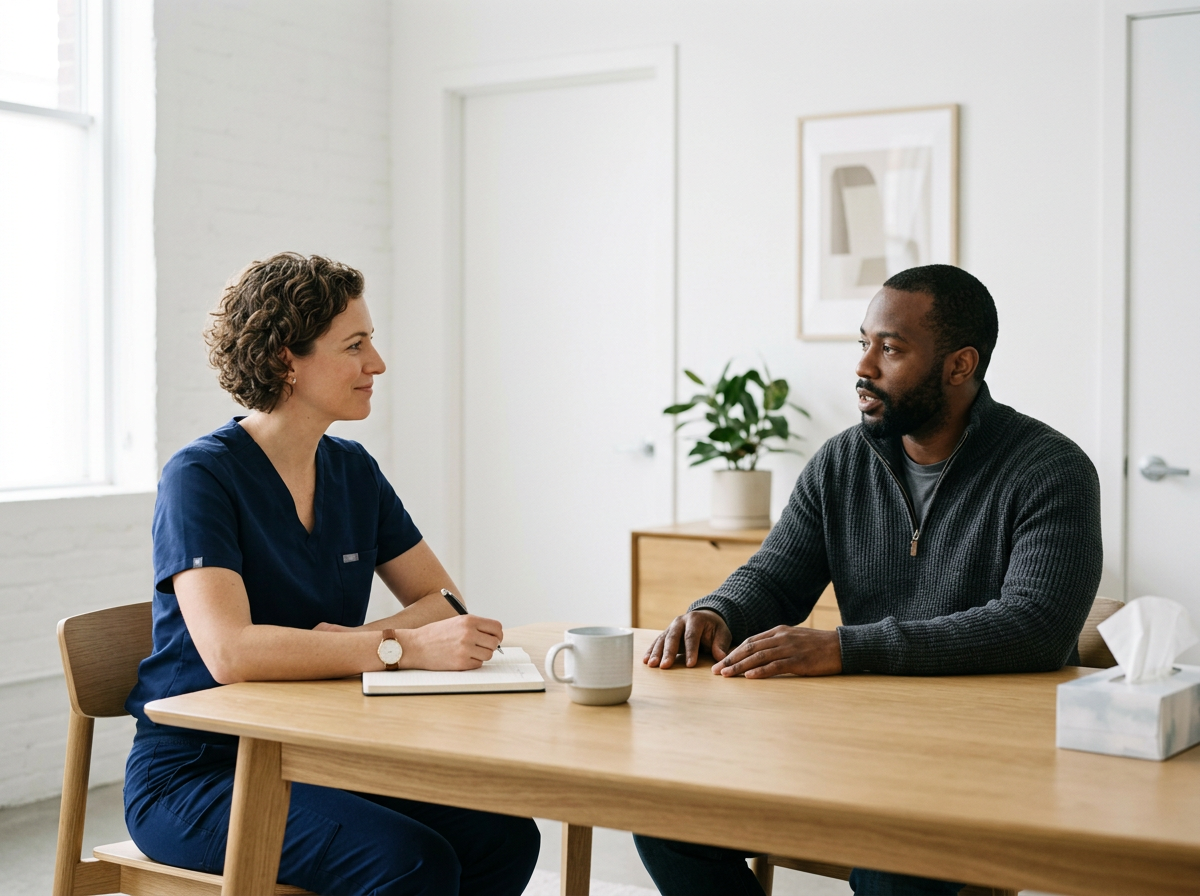 A woman in blue scrubs and a man in a gray sweater having a conversation at a wooden table in a bright, minimalistic room.