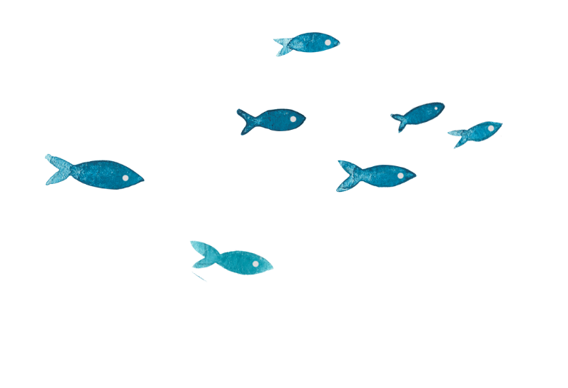 A graphic of several blue fish