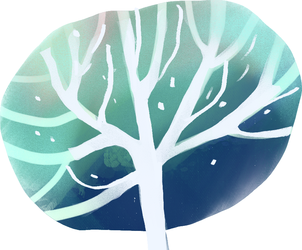 Stylized digital illustration of a leafless tree with white branches against a gradient background of green and blue tones.
