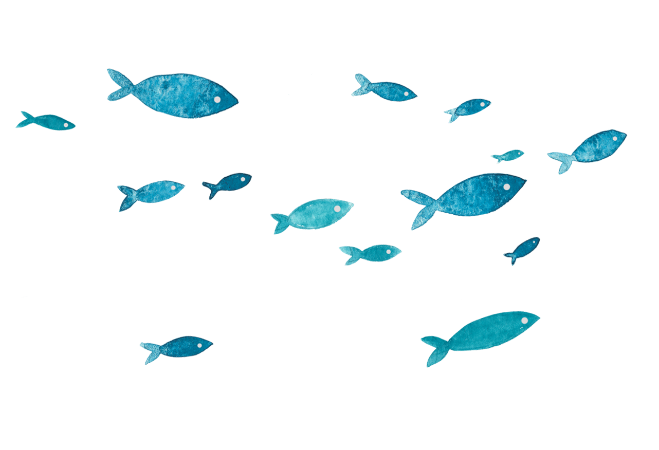 A graphic of several blue fish