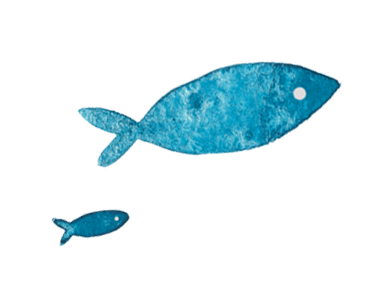 Two watercolor illustrations of fish, one larger and one smaller, in shades of blue.