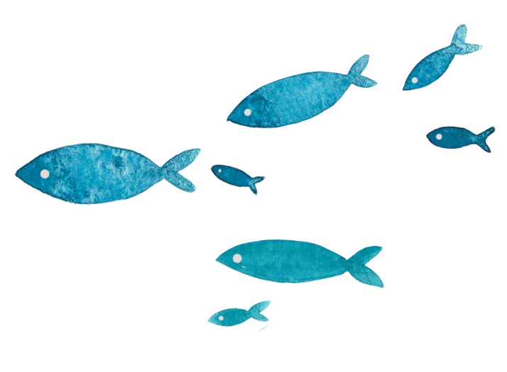 Watercolor illustration of various sizes of blue fish swimming.