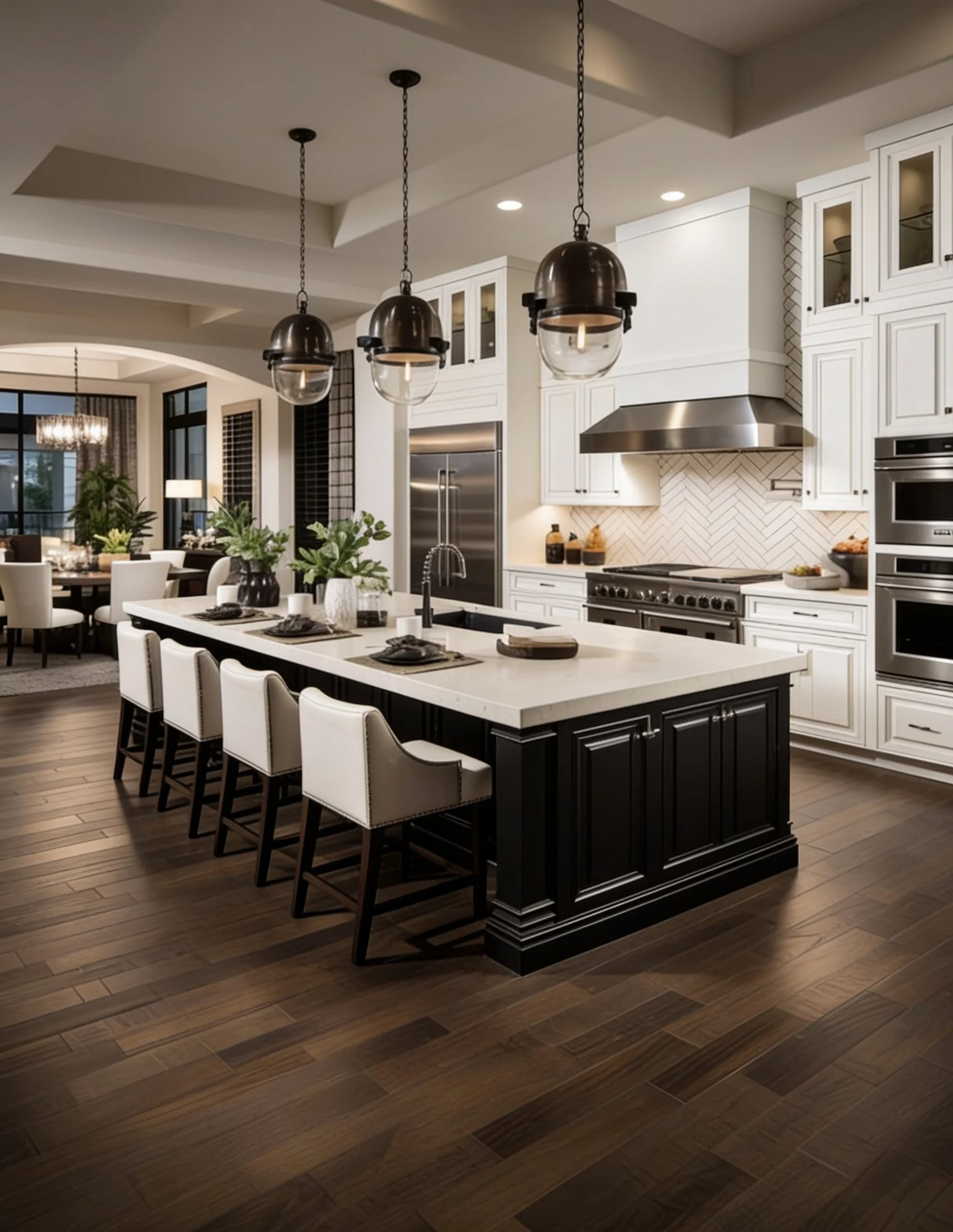 Modern kitchen with white cabinetry, stainless steel appliances, and a large white island with black lower cabinets. Three black pendant lights hang above the island. In the background, a dining area with a round table, white chairs, and a chandelier is visible, along with windows and a sliding door that leads outside.