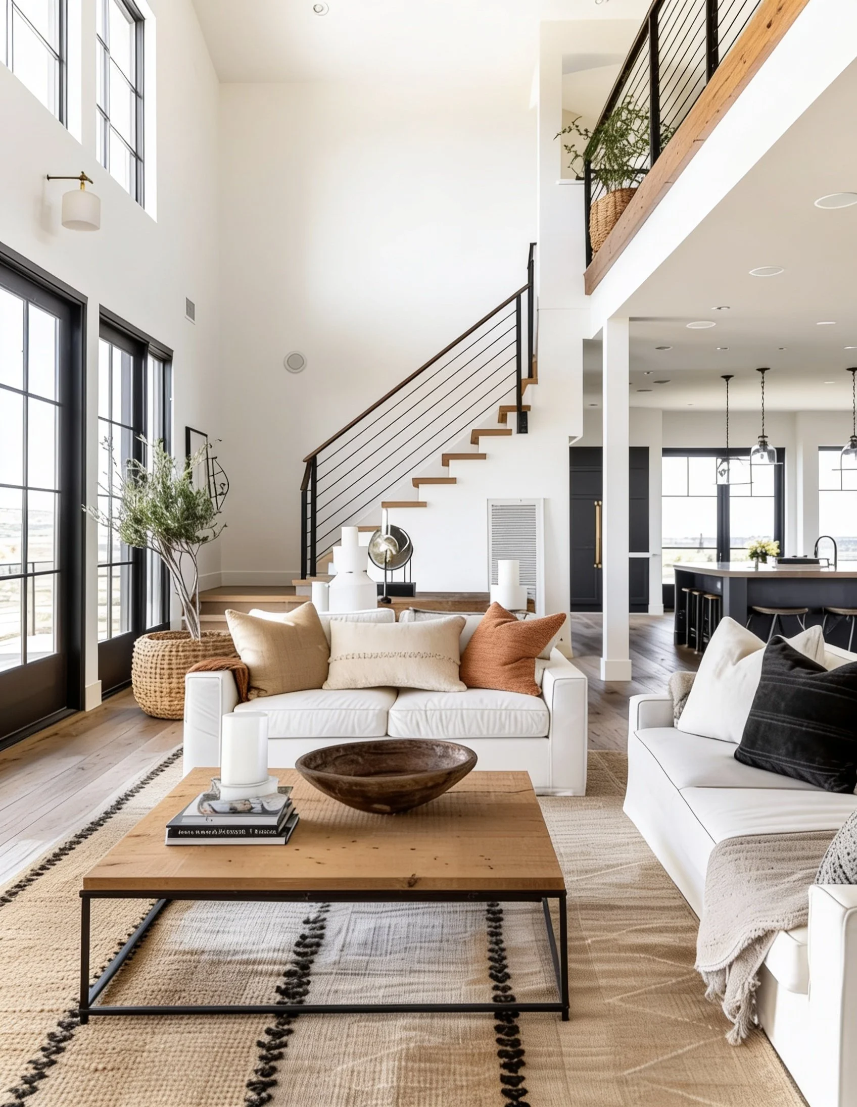Interior of a modern, bright living room with high ceiling, large windows, white walls, wood flooring, and mid-century style furniture, including a white sofa with beige and black cushions, a wooden coffee table with candles, and a black metal staircase with wooden steps leading to an upper floor.