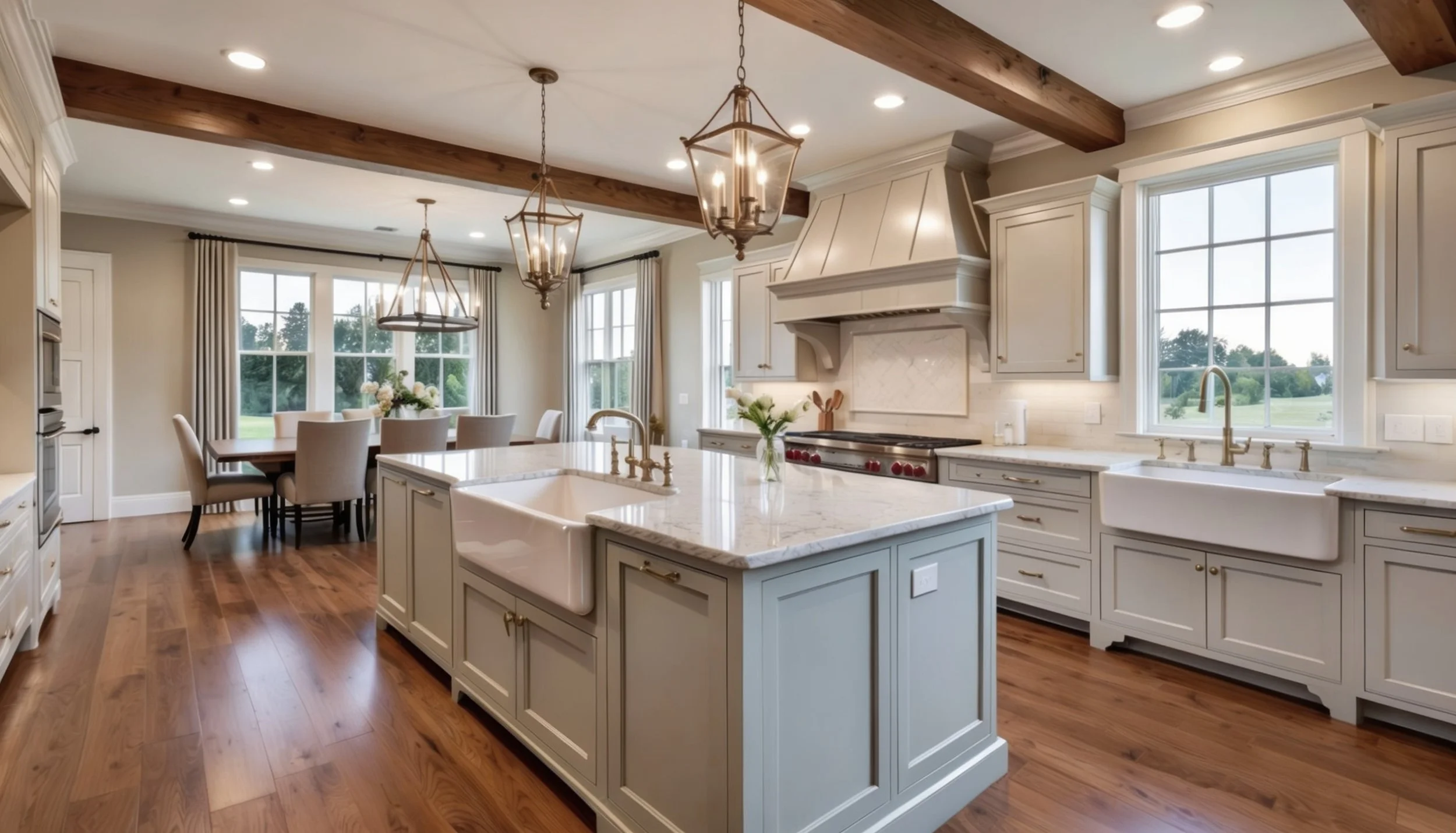 A spacious, modern kitchen with white cabinetry, a large island with a marble countertop, wooden flooring, and large windows allowing natural light. There are pendant lights hanging above the island, a dining table with chairs in the background, and a double-basin farmhouse sink under one window.